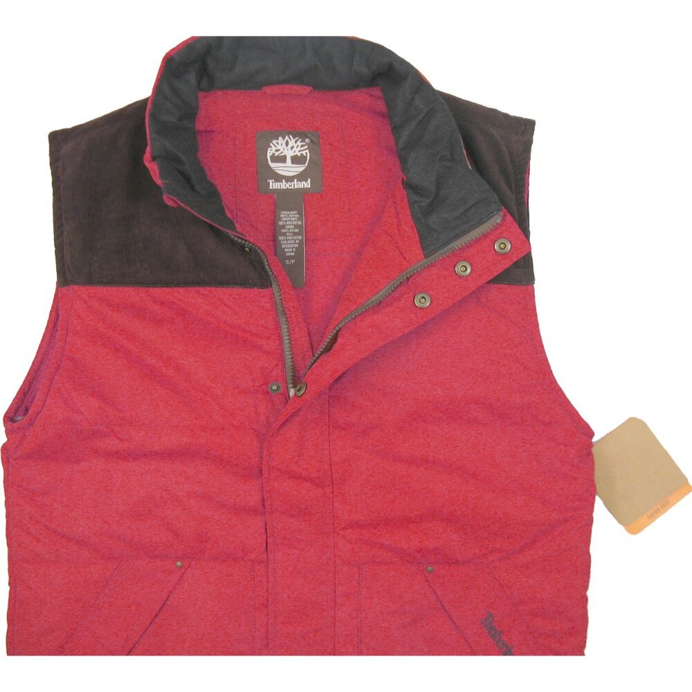 NEW Timberland Eaton Puffer Vest! Red with Corduroy Shoulder Detailing Poly Fill